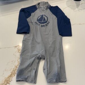 Petit Bateau Navy and White Striped Kids Swim Rashguard